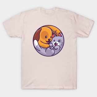 Cute Dog And Cat Cartoon T-Shirt